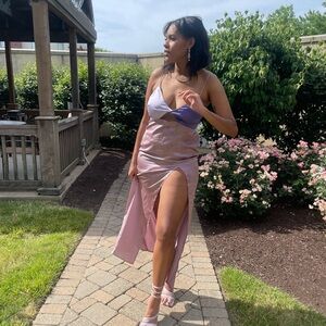 Purple Satin full length dress w/ thigh high slit